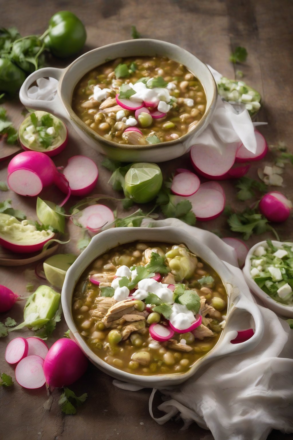 A high-resolution photo of verde-style tomatillo bean chicken chili served with radishes and queso fresco, under soft lighting.
