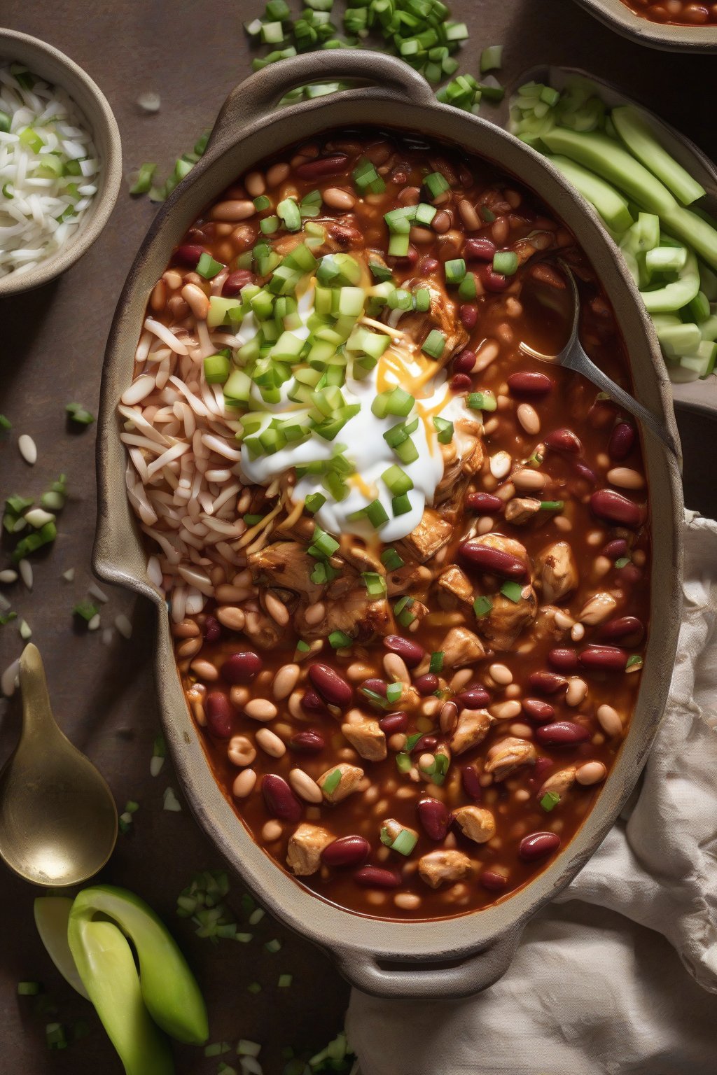 A high-resolution photo of BBQ pinto bean chicken chili drizzled with extra sauce and scallions, under soft lighting.