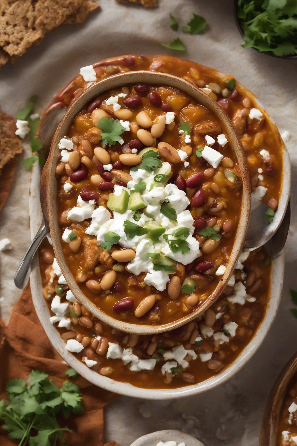 A high-resolution photo of pumpkin spice bean chicken chili topped with pepitas and feta, under soft lighting.