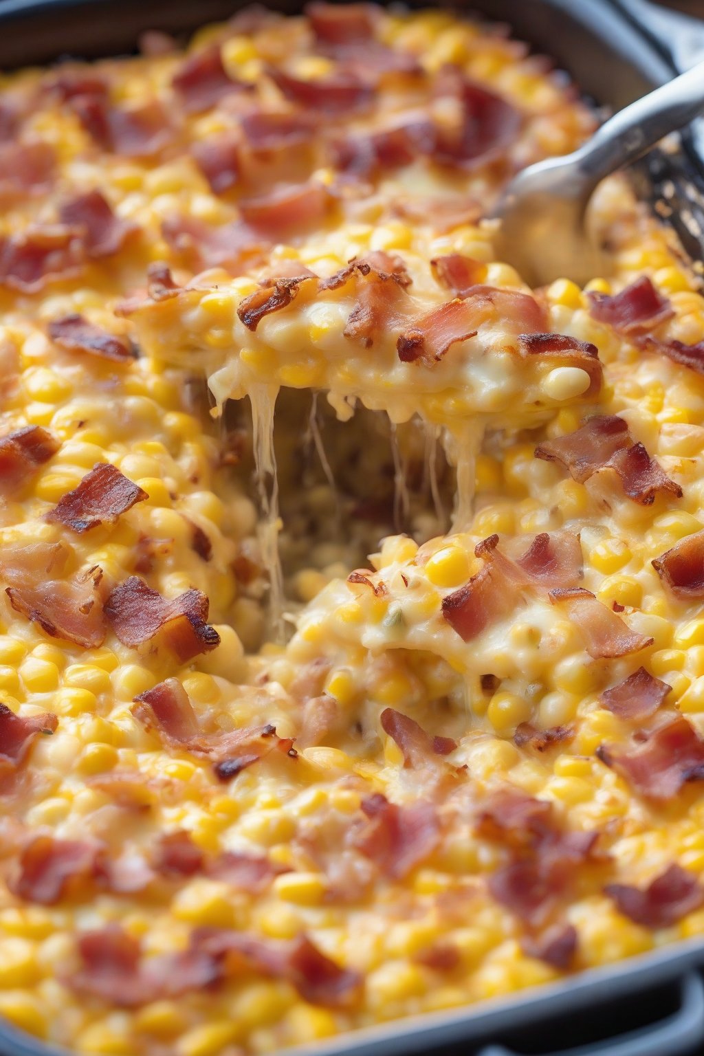 A high-resolution photo of bacon-studded cheesy Jiffy corn casserole, with crispy bacon bits on a steaming slice, under soft lighting.