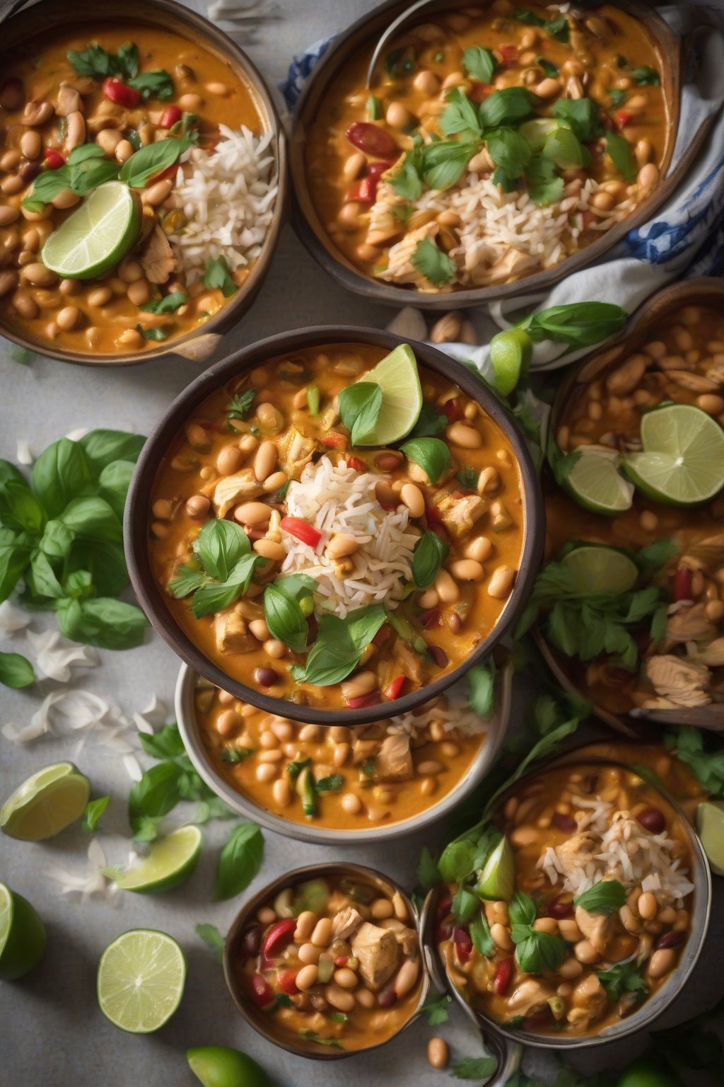 A high-resolution photo of coconut curry bean chicken chili with basil and lime, under soft lighting.