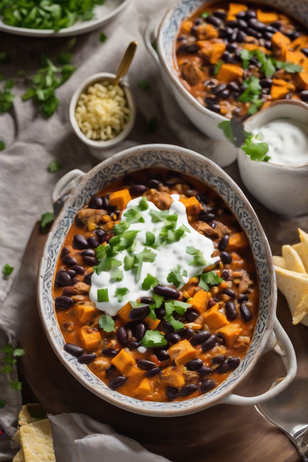 A high-resolution photo of sweet potato black bean chicken chili garnished with yogurt and chives, under soft lighting.