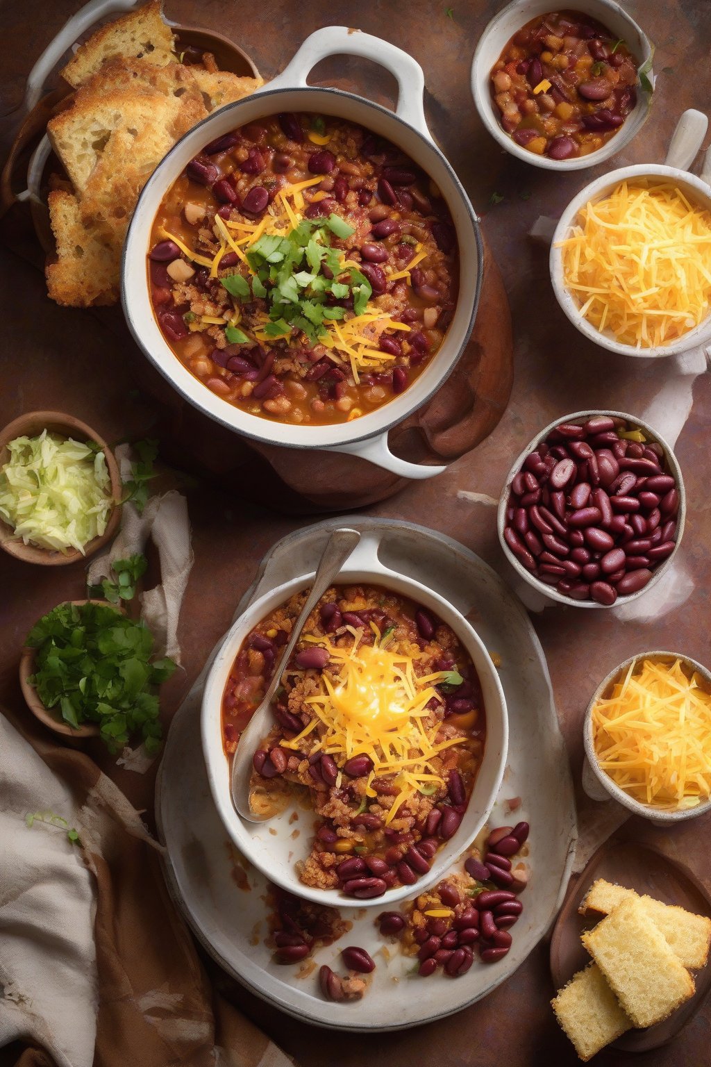 A high-resolution photo of quinoa kidney bean chicken chili with cheddar shreds and cornbread on the side, under soft lighting.