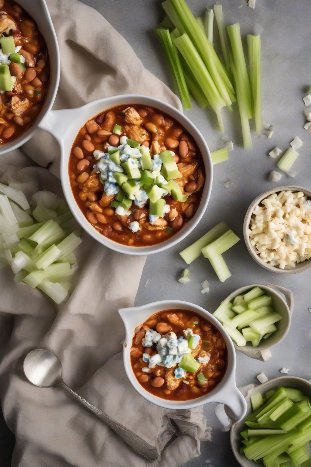A high-resolution photo of buffalo wing bean chicken chili topped with blue cheese and celery sticks, under soft lighting.