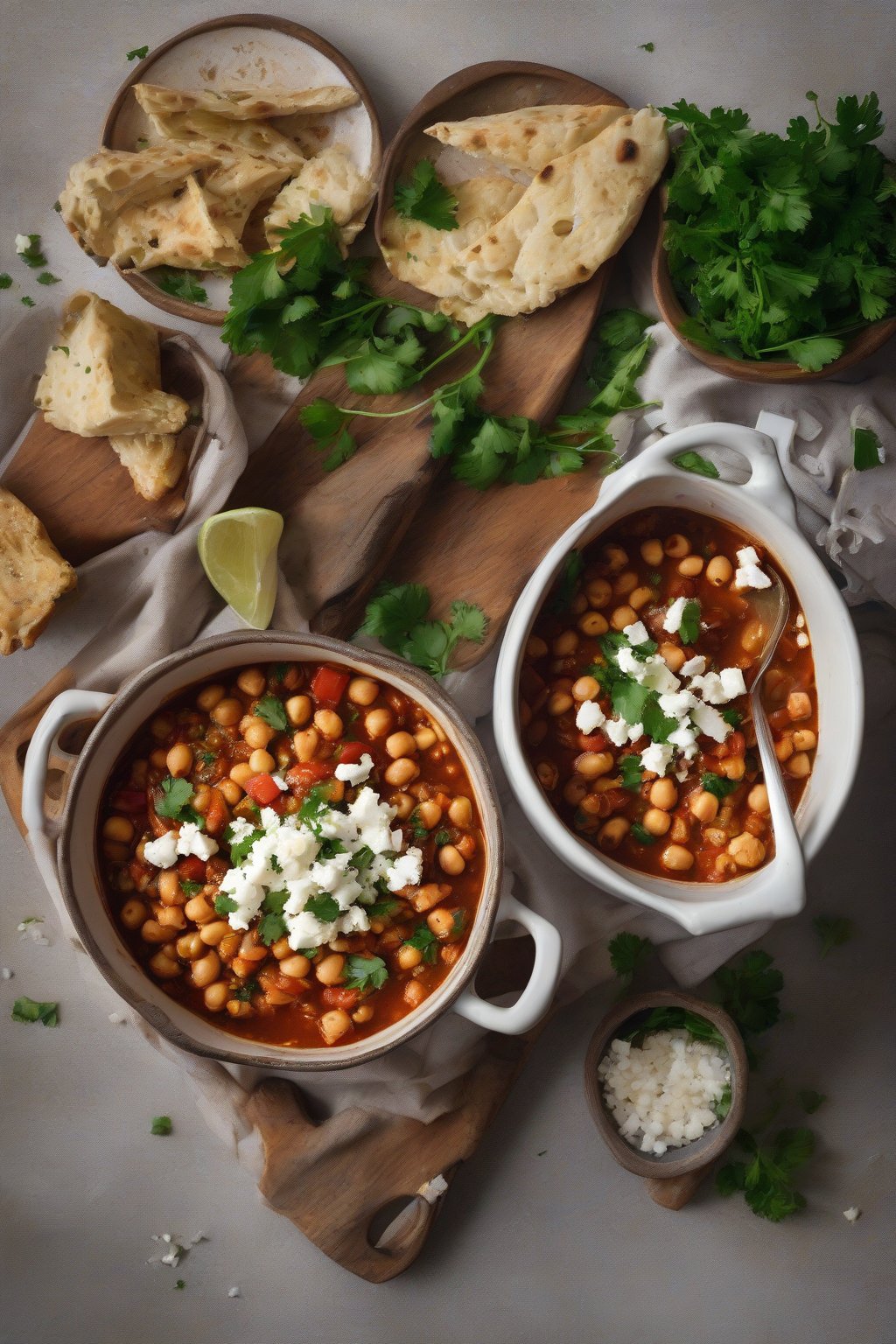 A high-resolution photo of Mediterranean chickpea chicken chili with feta and parsley, under soft lighting.