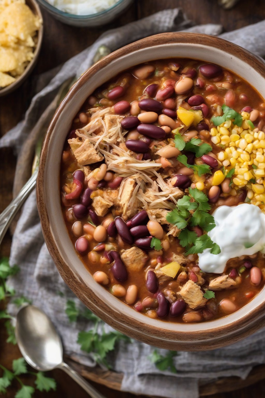 A high-resolution photo of slow-cooker mixed bean chicken chili in a rustic bowl with cornbread, under soft lighting.