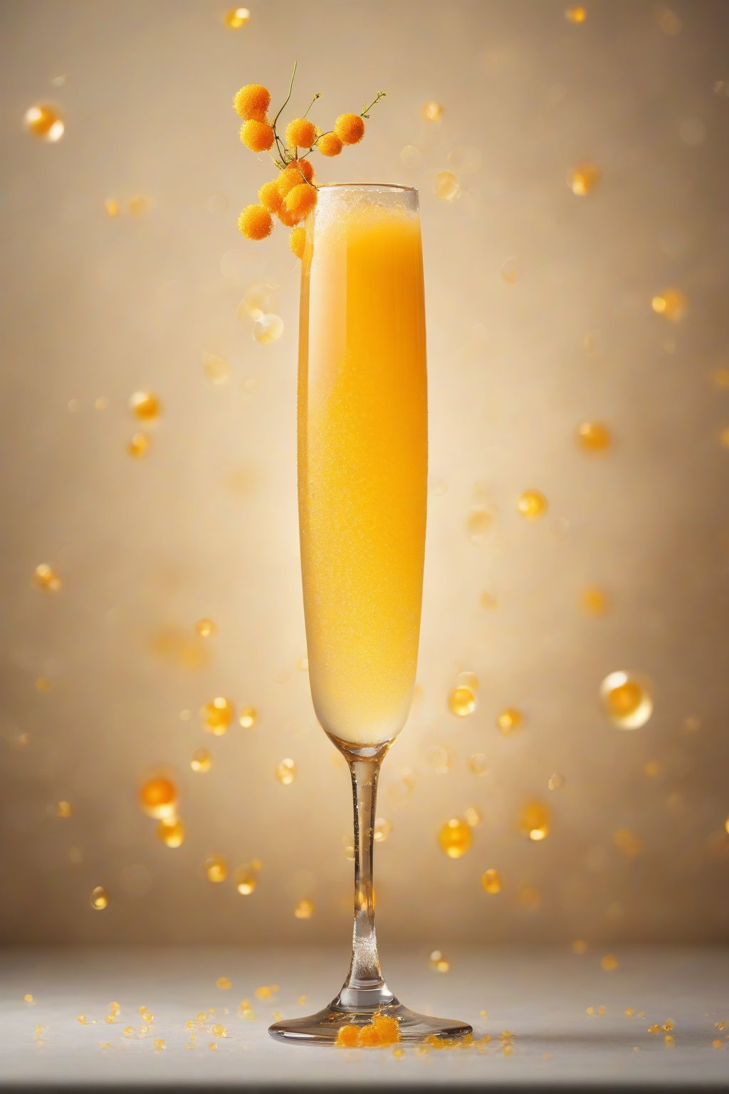 A high-resolution photo of a classic mimosa in a tall flute glass with an orange twist garnish, golden bubbles rising under soft lighting.