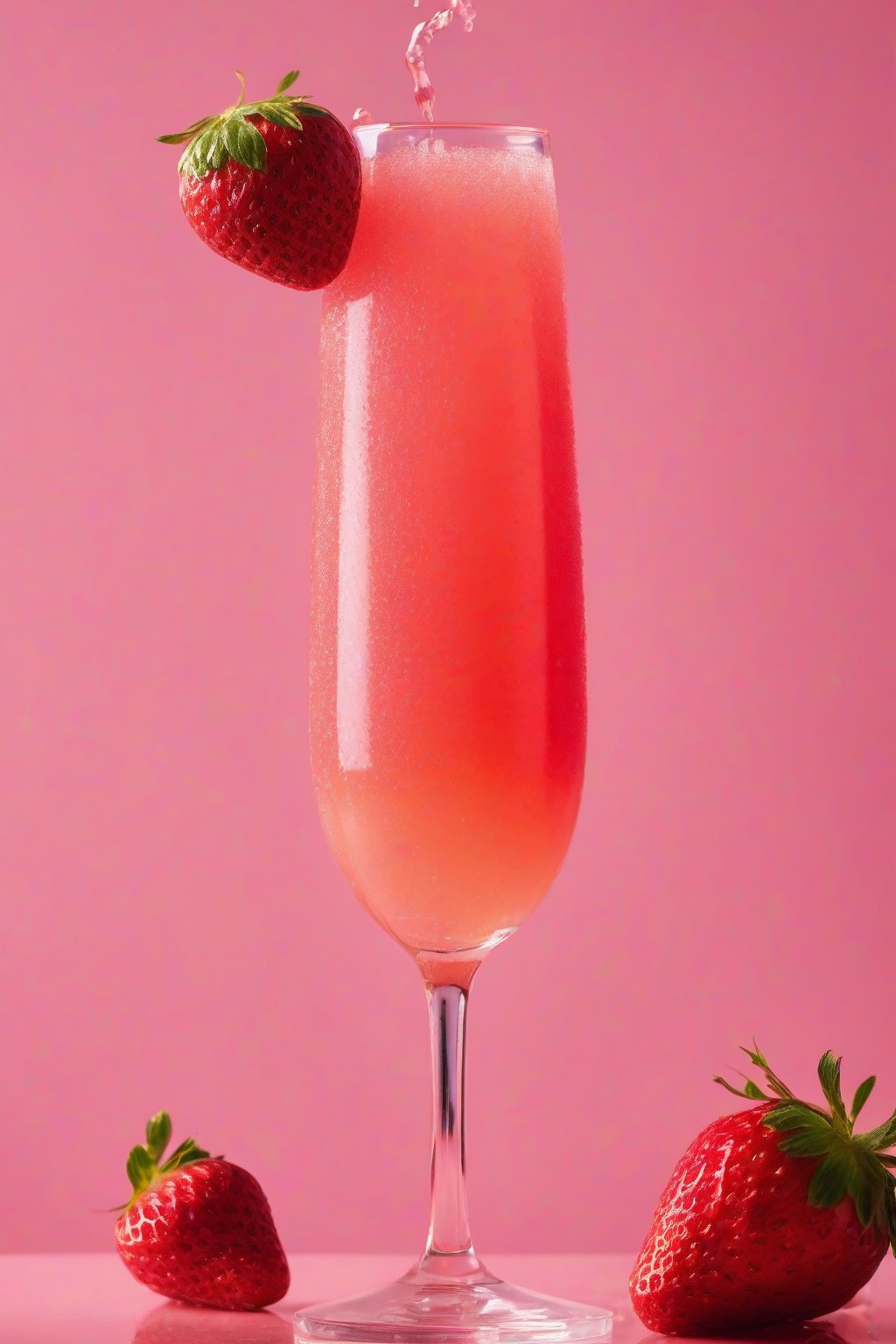 A high-resolution photo of a strawberry mimosa fizzing in a flute with a strawberry slice on the rim, vibrant pink hues under soft lighting.