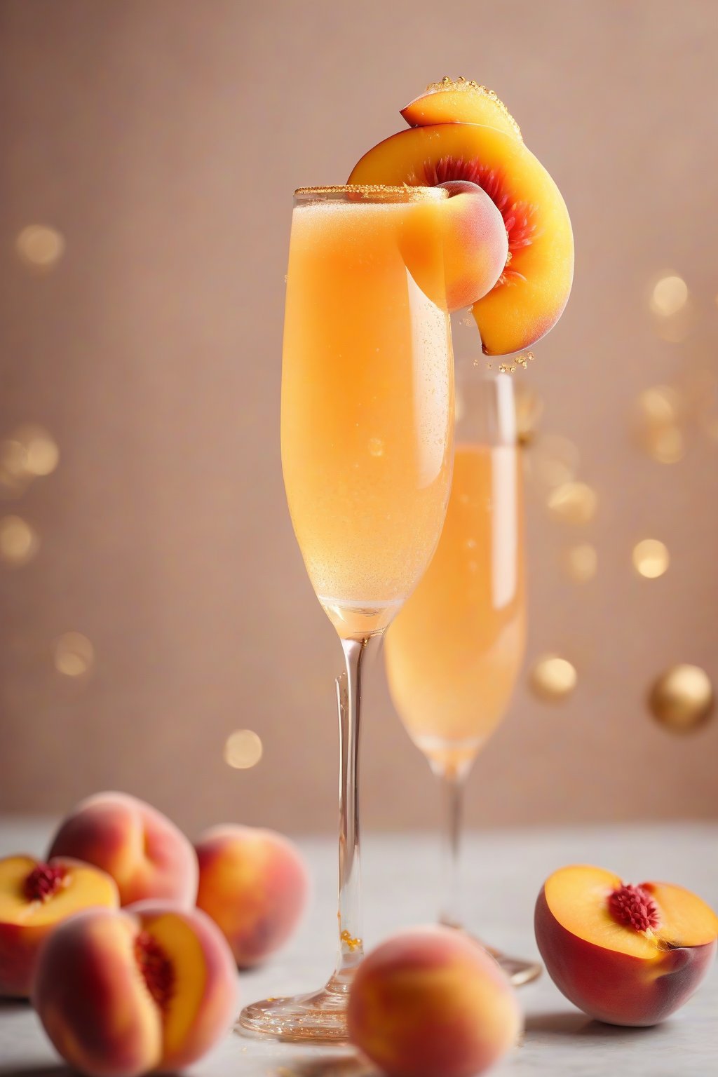A high-resolution photo of a peach mimosa in a flute glass, golden bubbles with a juicy peach wedge garnish under soft lighting.