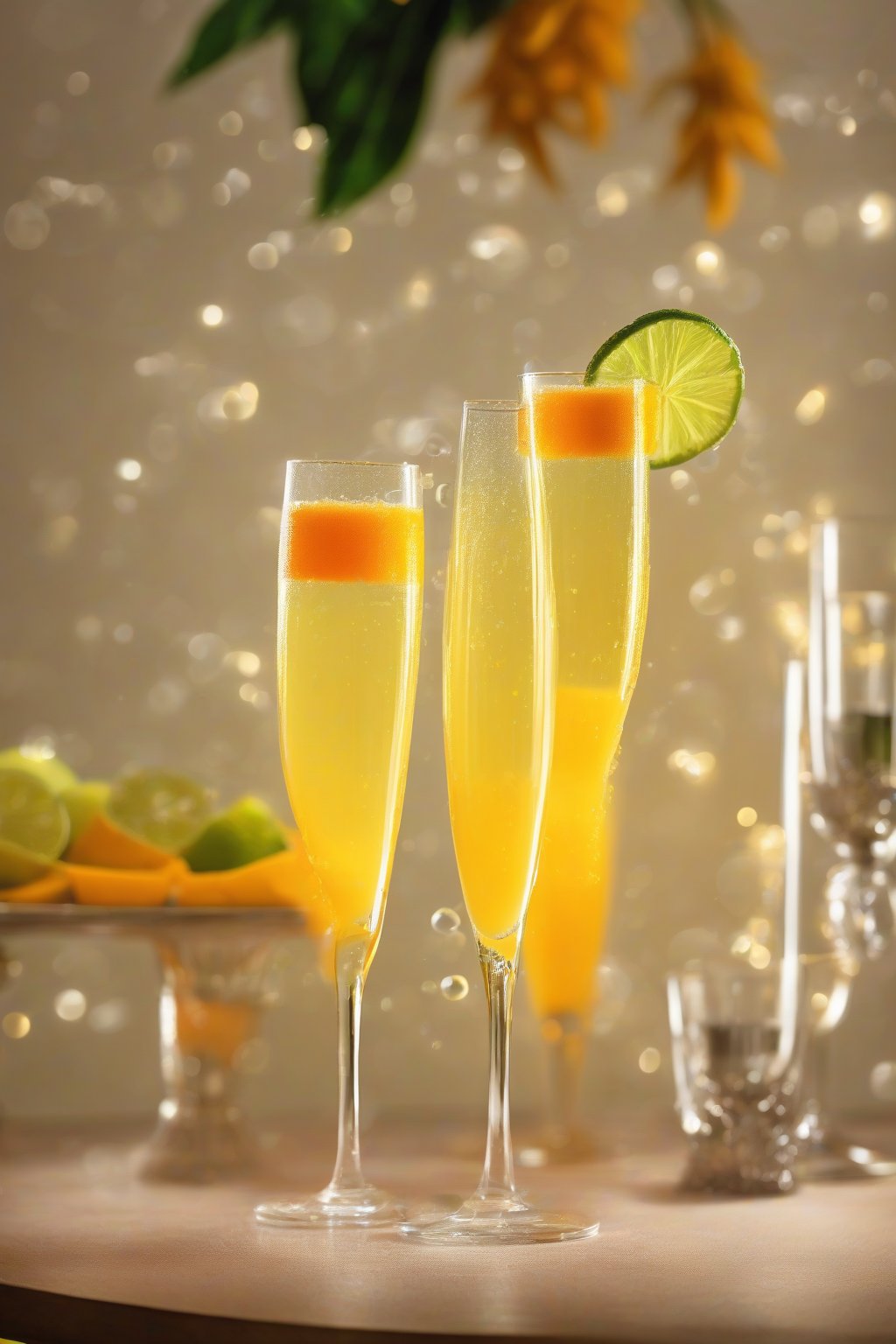 A high-resolution photo of a mango mimosa glowing orange-yellow in a flute, lime wheel garnish and lively bubbles under soft lighting.