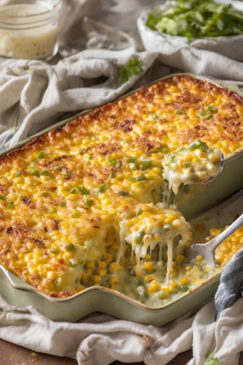 A high-resolution photo of green chile cheesy Jiffy corn casserole, vibrant with melted Jack cheese and chile bits, under soft lighting.