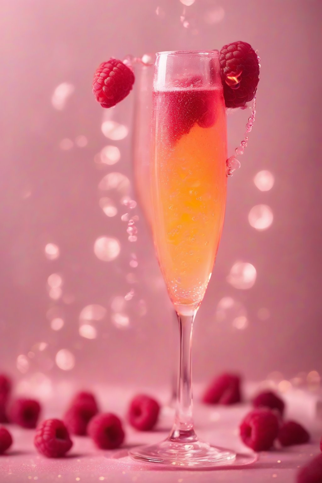 A high-resolution photo of a raspberry mimosa in a flute glass, red swirls and bubbles with a raspberry garnish under soft lighting.
