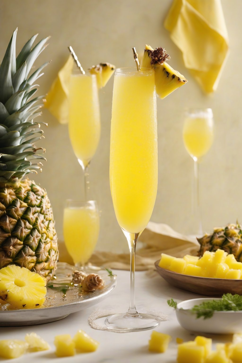 A high-resolution photo of a pineapple mimosa sparkling in a flute with a pineapple chunk skewer, bright yellow tones under soft lighting.