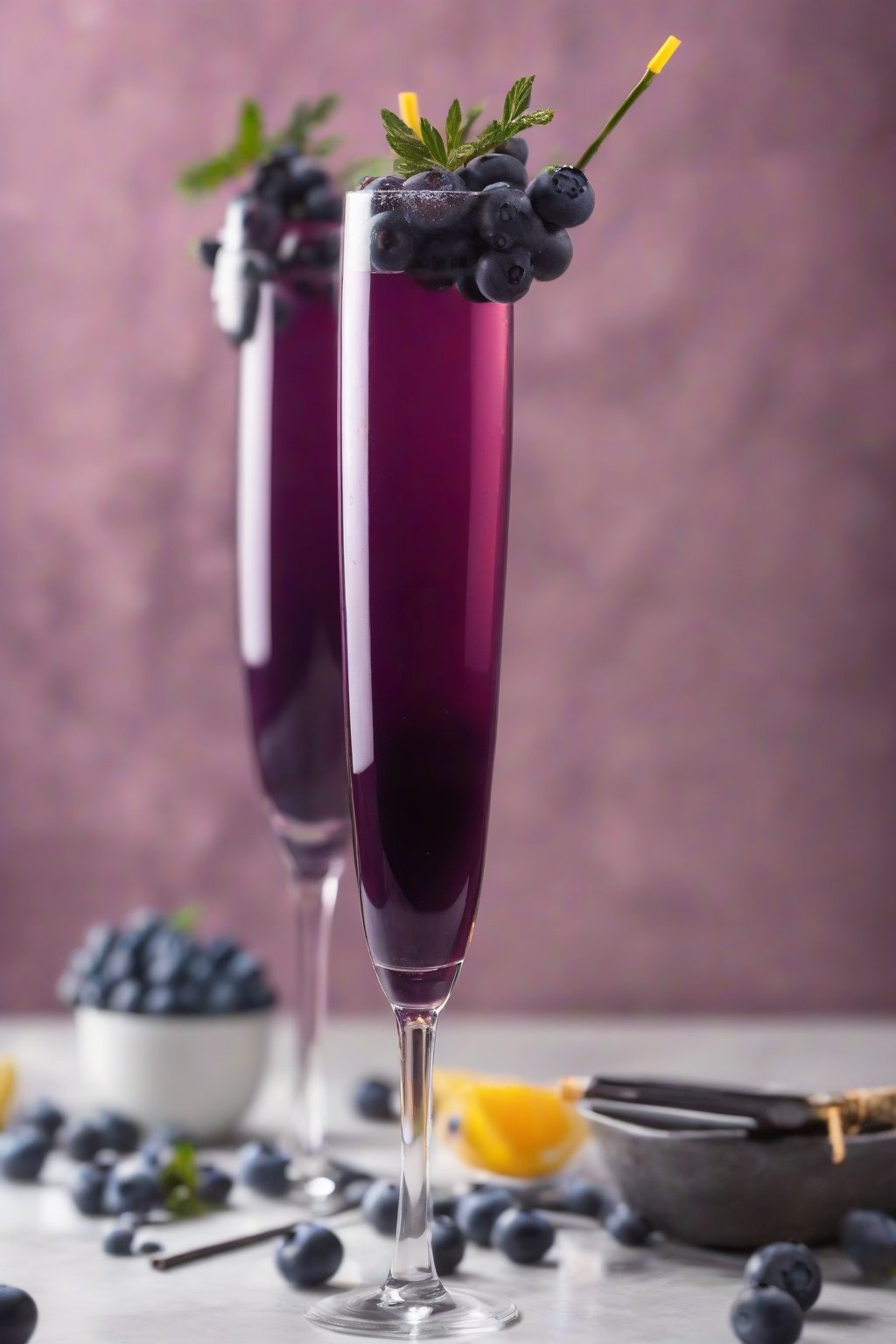 A high-resolution photo of a blueberry mimosa in a flute, deep purple hue with blueberry skewers under soft lighting.