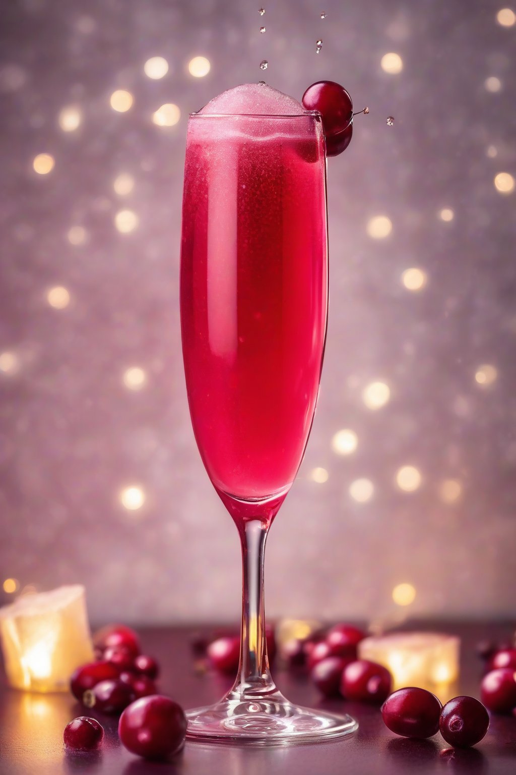 A high-resolution photo of a cranberry mimosa fizzing ruby red in a flute, sugared cranberry garnish under soft lighting.