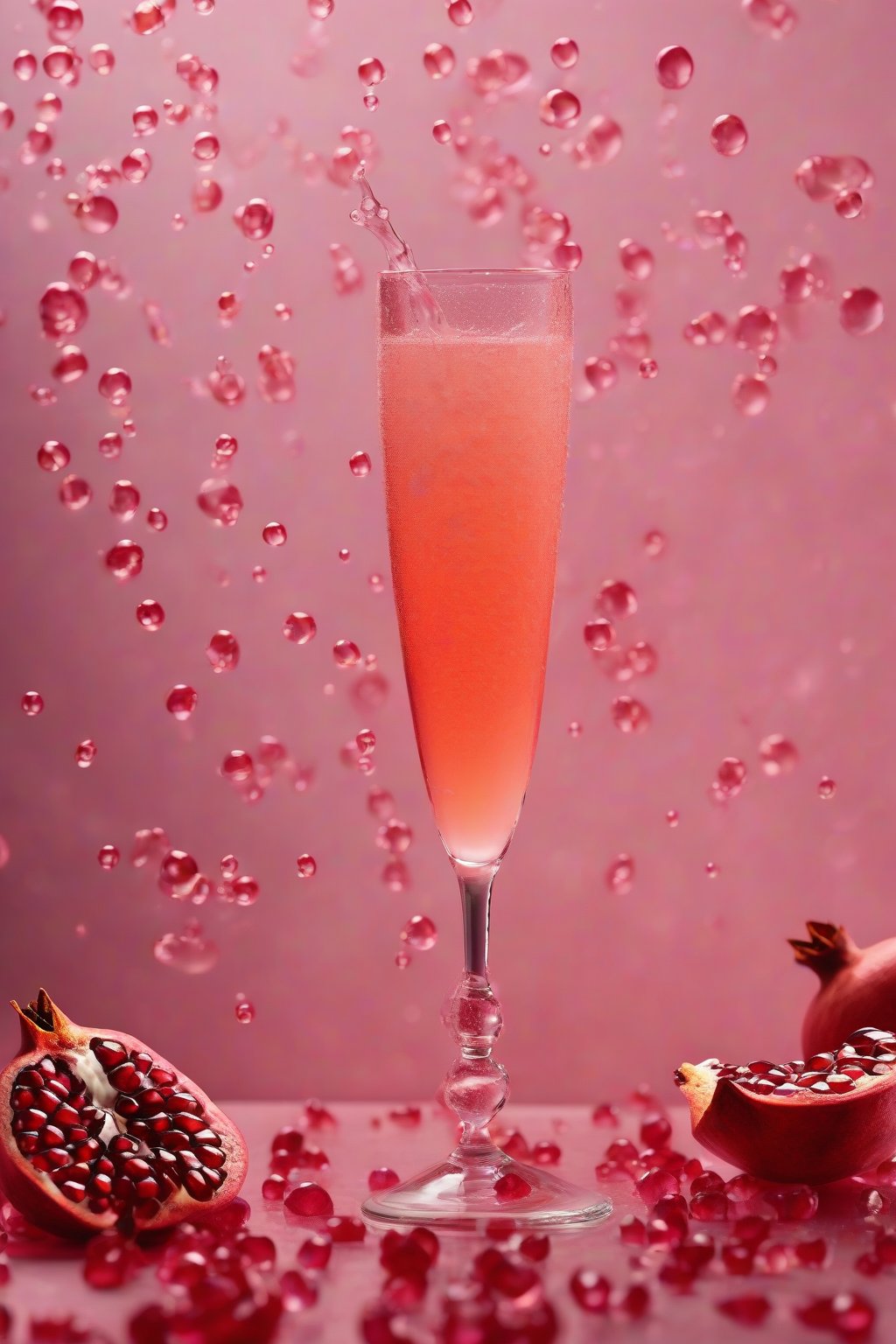 A high-resolution photo of a pomegranate mimosa in a flute glass, red arils floating amid bubbles under soft lighting.
