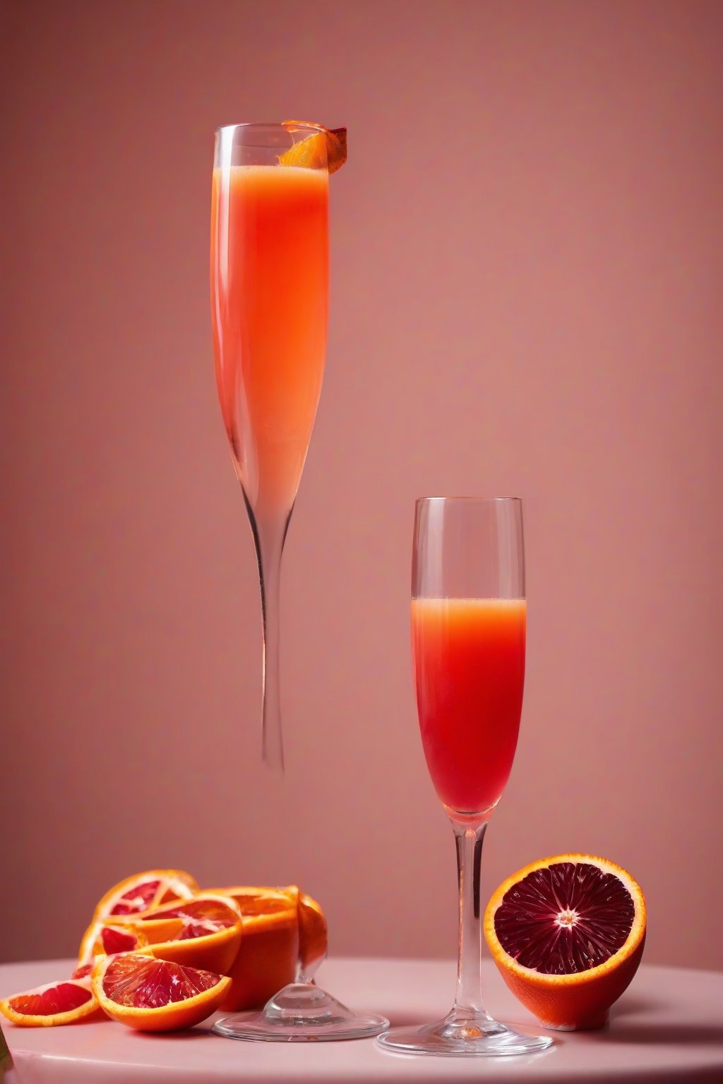 A high-resolution photo of a blood orange mimosa in a flute, deep red-orange color with slice garnish under soft lighting.