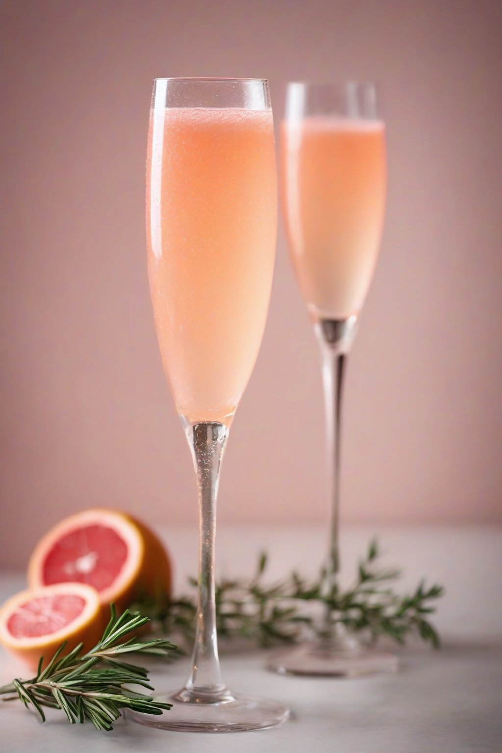 A high-resolution photo of a grapefruit mimosa in a flute glass, pale pink bubbles with rosemary sprig under soft lighting.