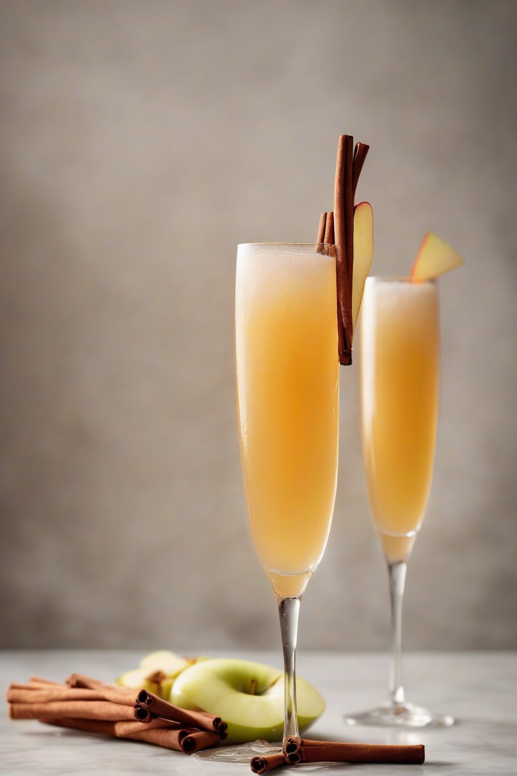 A high-resolution photo of an apple cider mimosa fizzing in a flute, cinnamon stick and apple slice garnish under soft lighting.