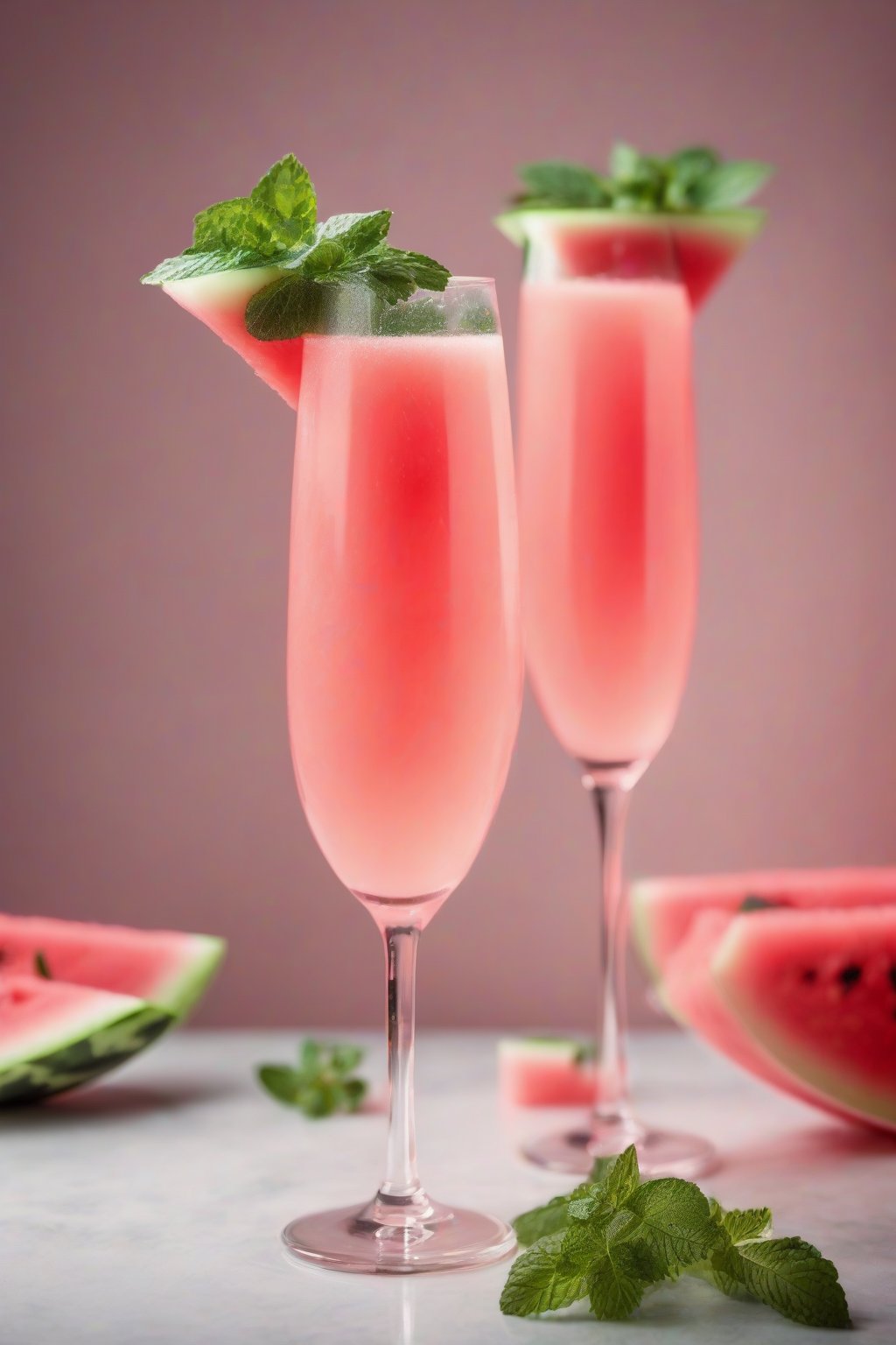 A high-resolution photo of a watermelon mimosa in a flute, light pink with mint leaf under soft lighting.