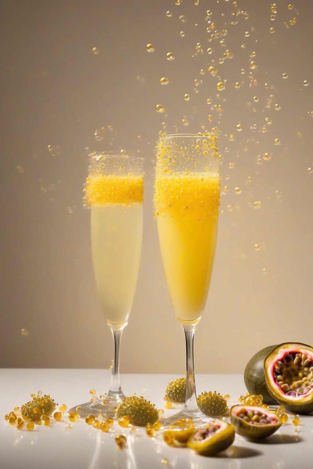 A high-resolution photo of a passionfruit mimosa in a flute glass, yellow pulp seeds amid bubbles under soft lighting.