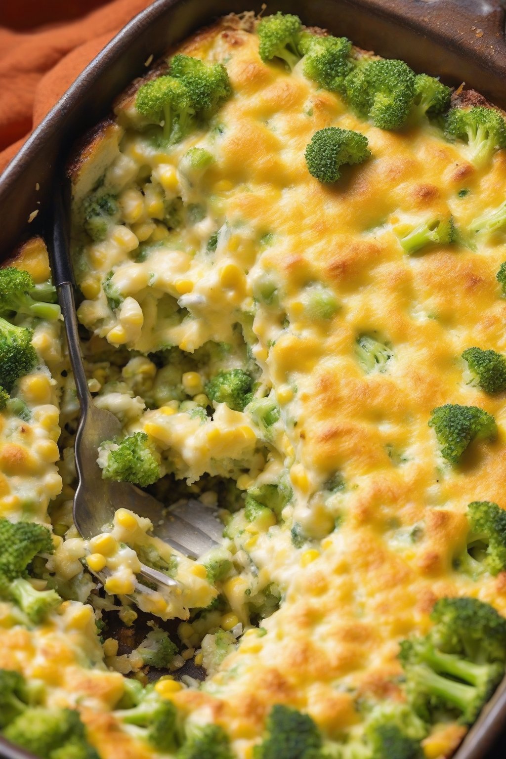 A high-resolution photo of broccoli-flecked cheesy Jiffy corn casserole, fork-pierced to reveal green veggies in cheesy layers, under soft lighting.