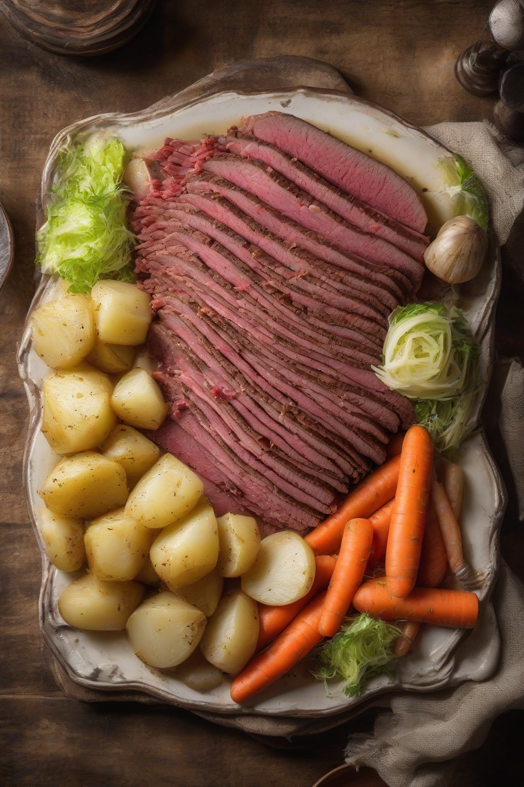 A high-resolution photo of sliced boiled corned beef with vibrant cabbage, carrots, and potatoes on a rustic platter under soft lighting.