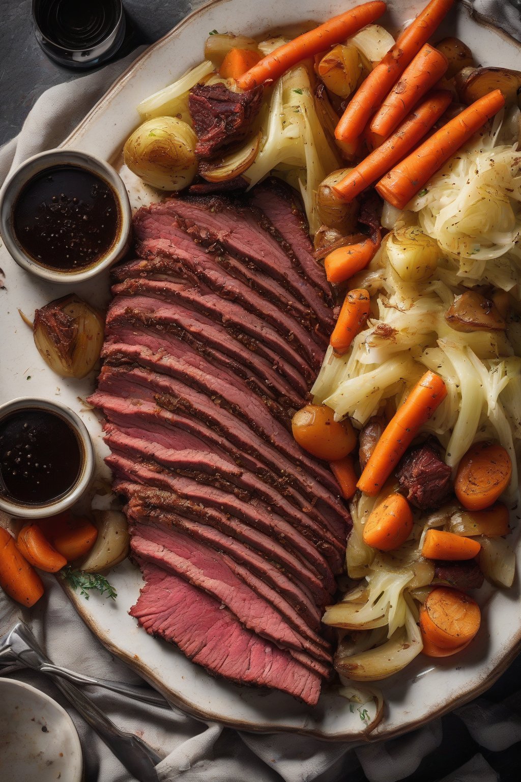 A high-resolution photo of Guinness-glazed corned beef surrounded by boiled cabbage and root veggies under soft lighting.