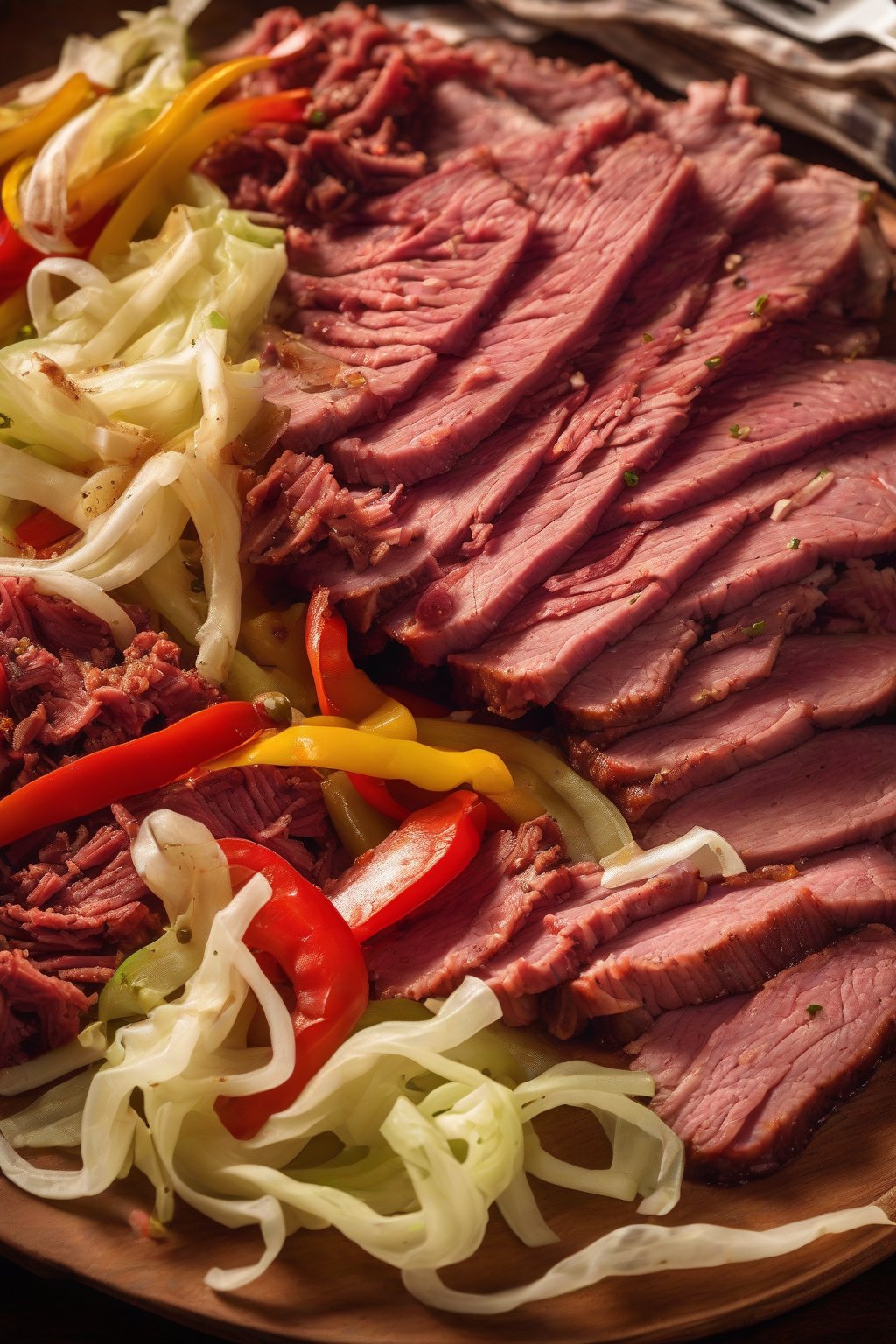 A high-resolution photo of spicy sliced corned beef with steaming cabbage and peppers under soft lighting.