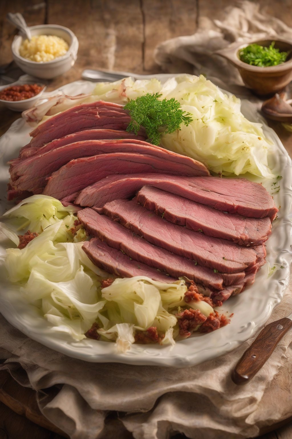 A high-resolution photo of herb-garnished boiled corned beef platter with cabbage under soft lighting.