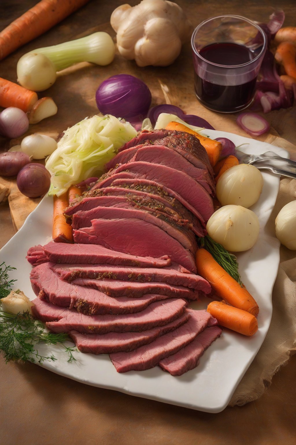 A high-resolution photo of slow-boiled corned beef with colorful root vegetables and cabbage under soft lighting.