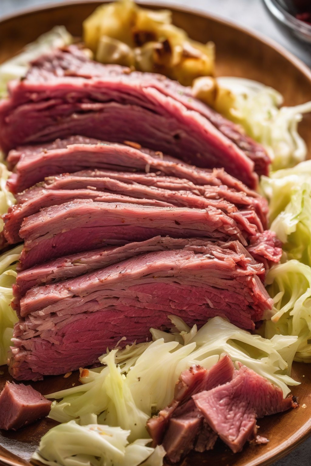 A high-resolution photo of Instant Pot corned beef sliced with cabbage under soft lighting.