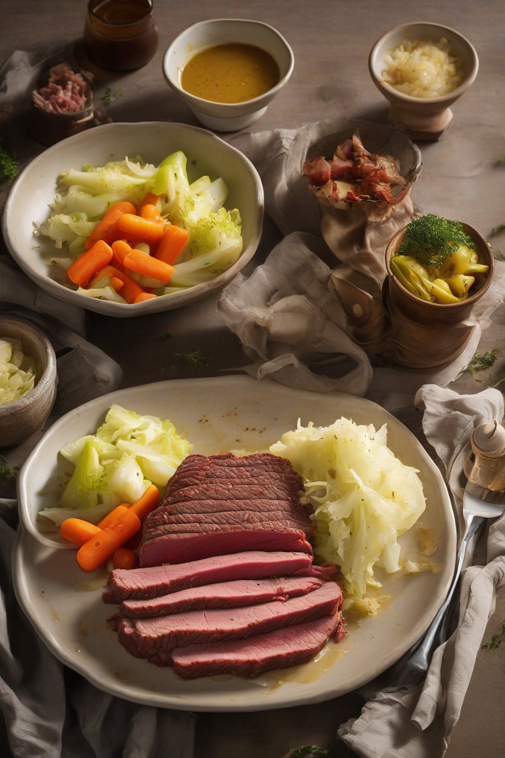 A high-resolution photo of mustard-glazed corned beef with boiled cabbage and veggies under soft lighting.