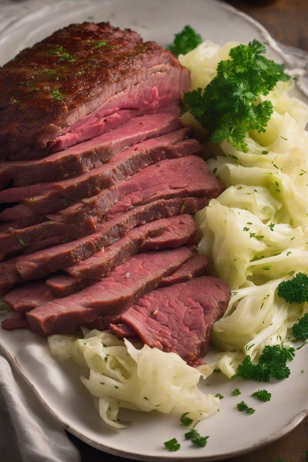 A high-resolution photo of corned beef with parsley-sauced cabbage under soft lighting.
