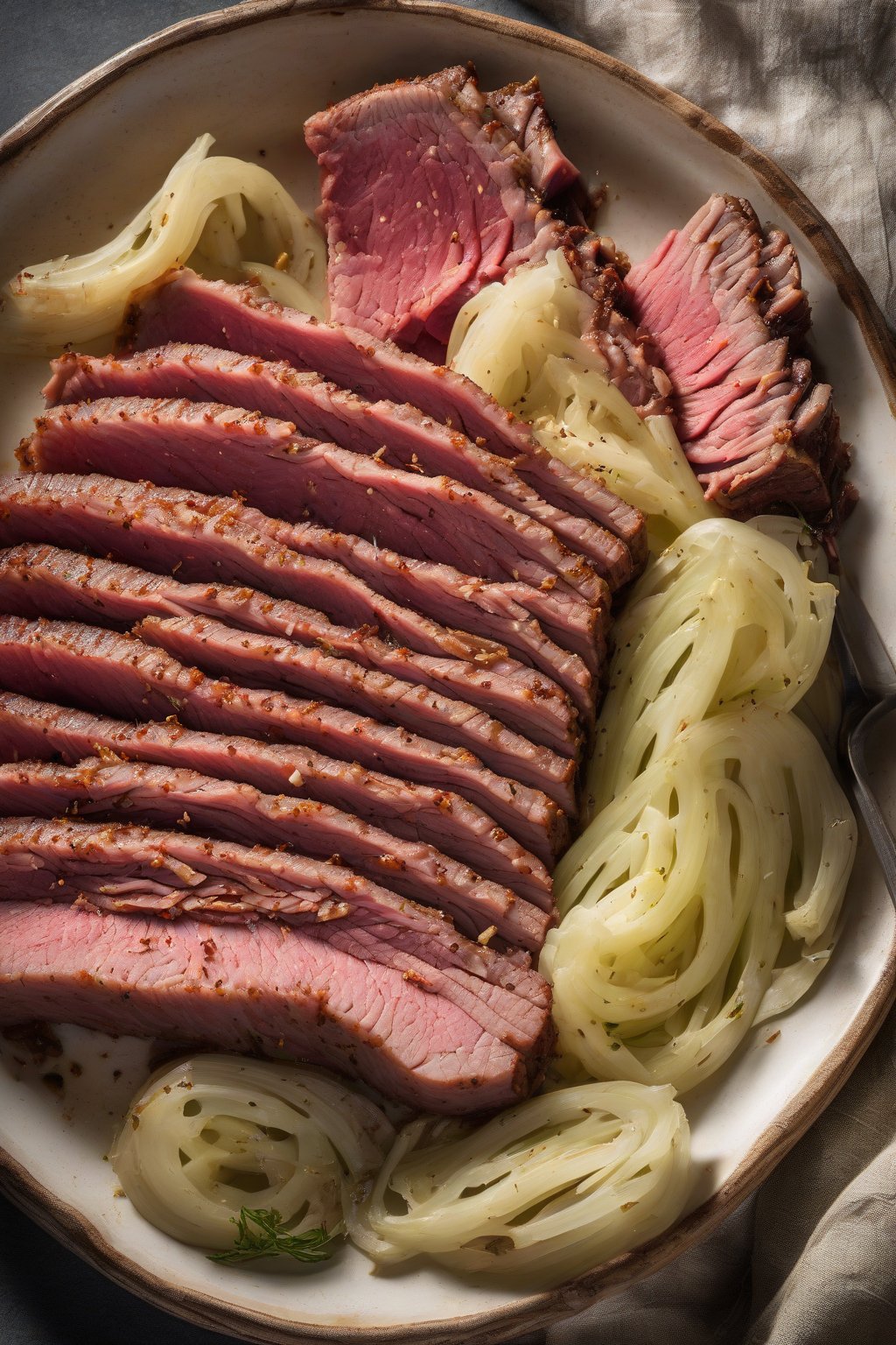 A high-resolution photo of garlic-infused sliced corned beef and cabbage under soft lighting.