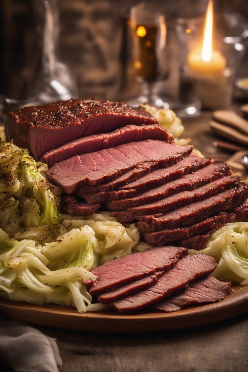 A high-resolution photo of smoky boiled corned beef platter with cabbage under soft lighting.