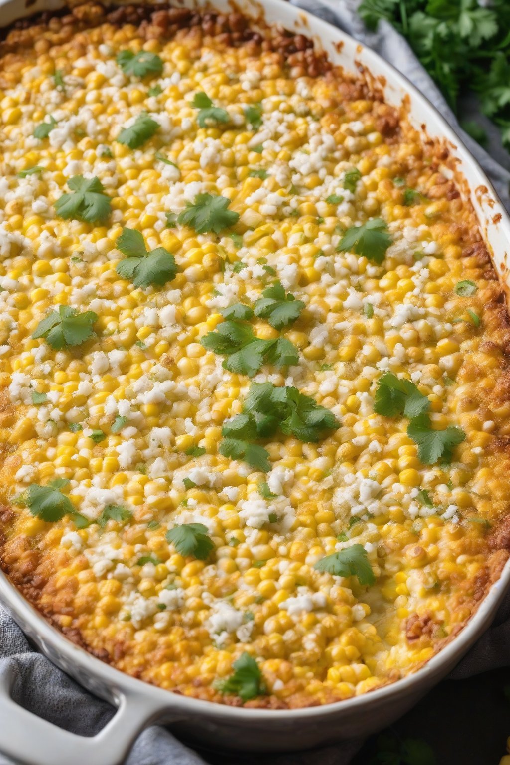 A high-resolution photo of Mexican-style cheesy Jiffy corn casserole topped with cilantro and cotija crumbles, under soft lighting.