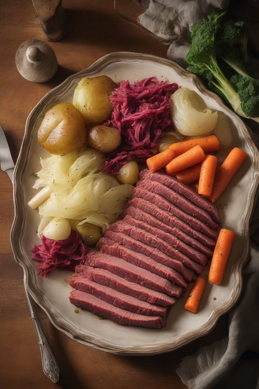 A high-resolution photo of corned beef with multicolored boiled root veggies and cabbage under soft lighting.