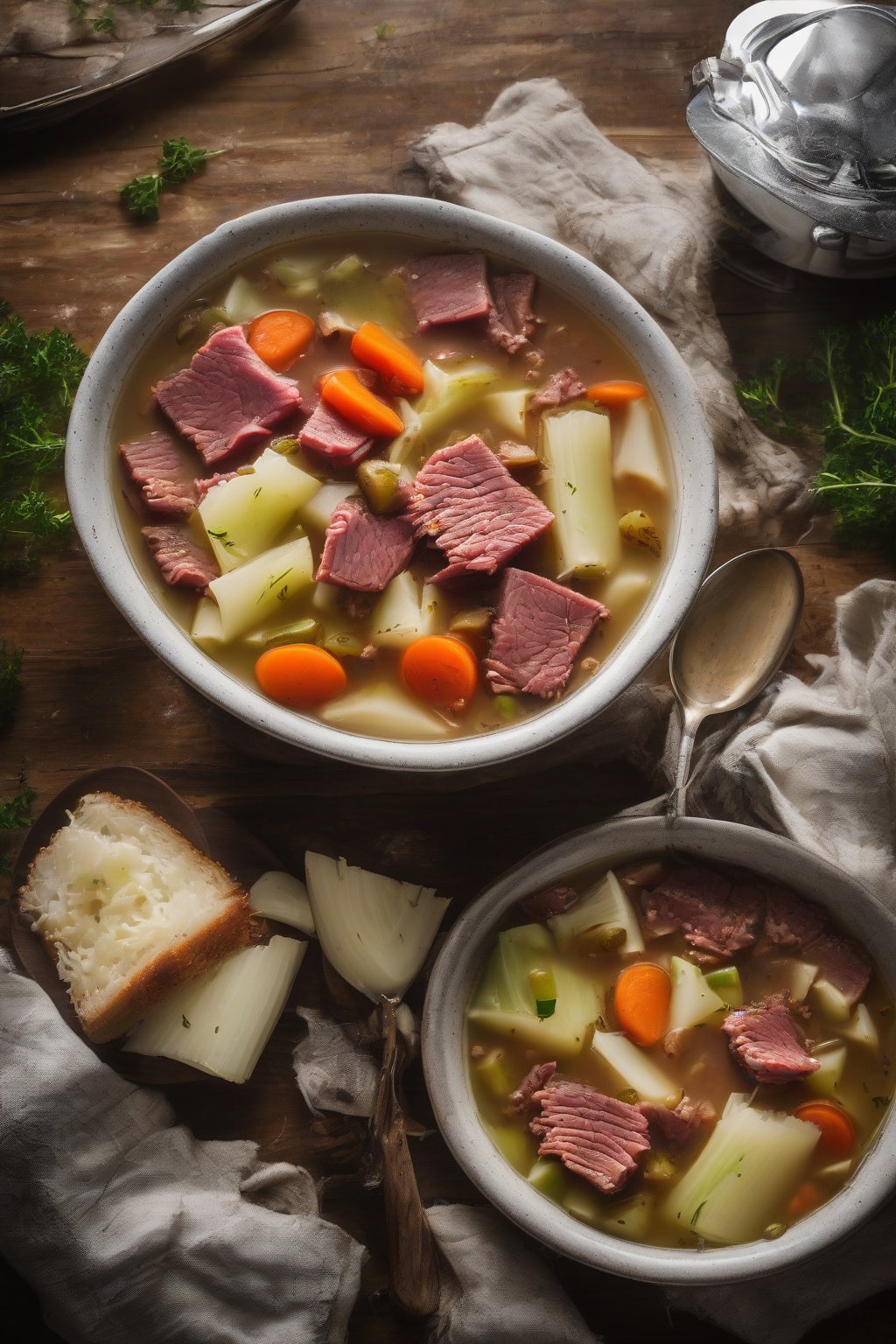 A high-resolution photo of steaming corned beef and cabbage soup bowl under soft lighting.