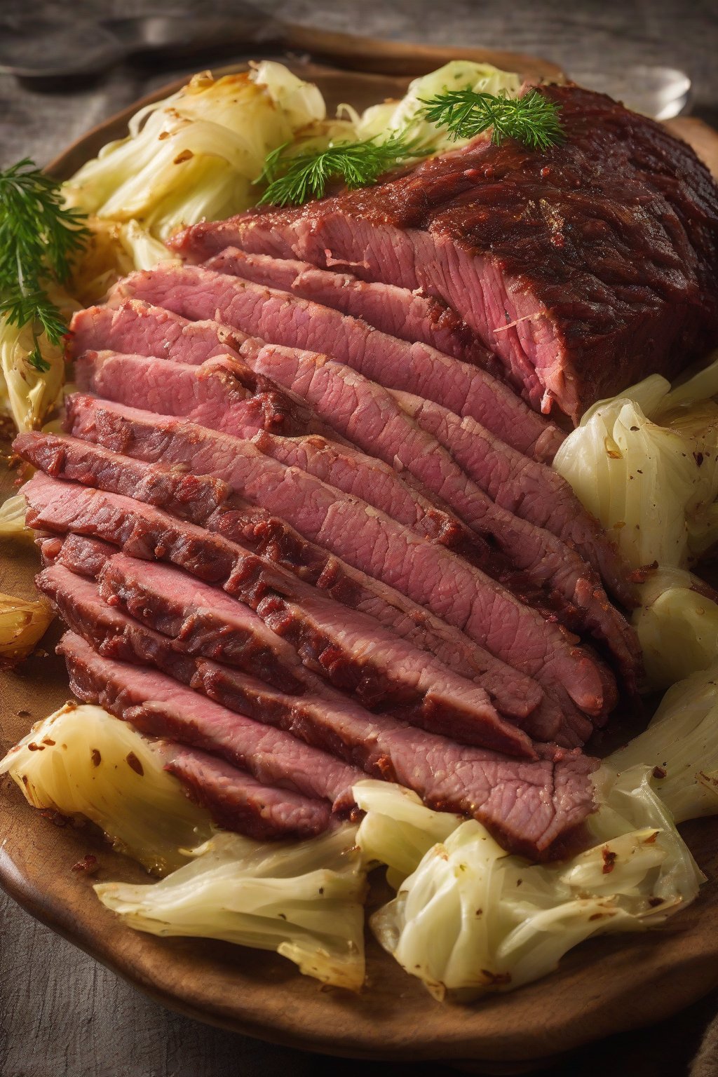 A high-resolution photo of tender cider-boiled corned beef with cabbage under soft lighting.