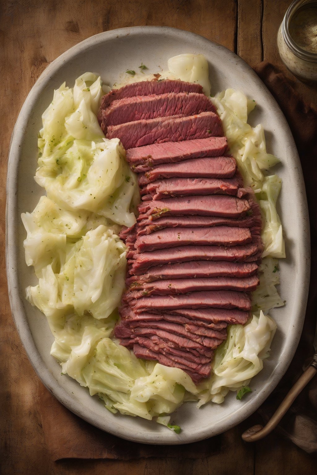 A high-resolution photo of corned beef with creamy horseradish cabbage under soft lighting.