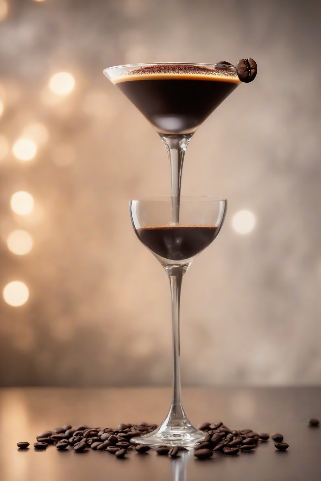 A high-resolution photo of a classic bold espresso martini in a chilled glass, topped with three coffee beans, under soft lighting.