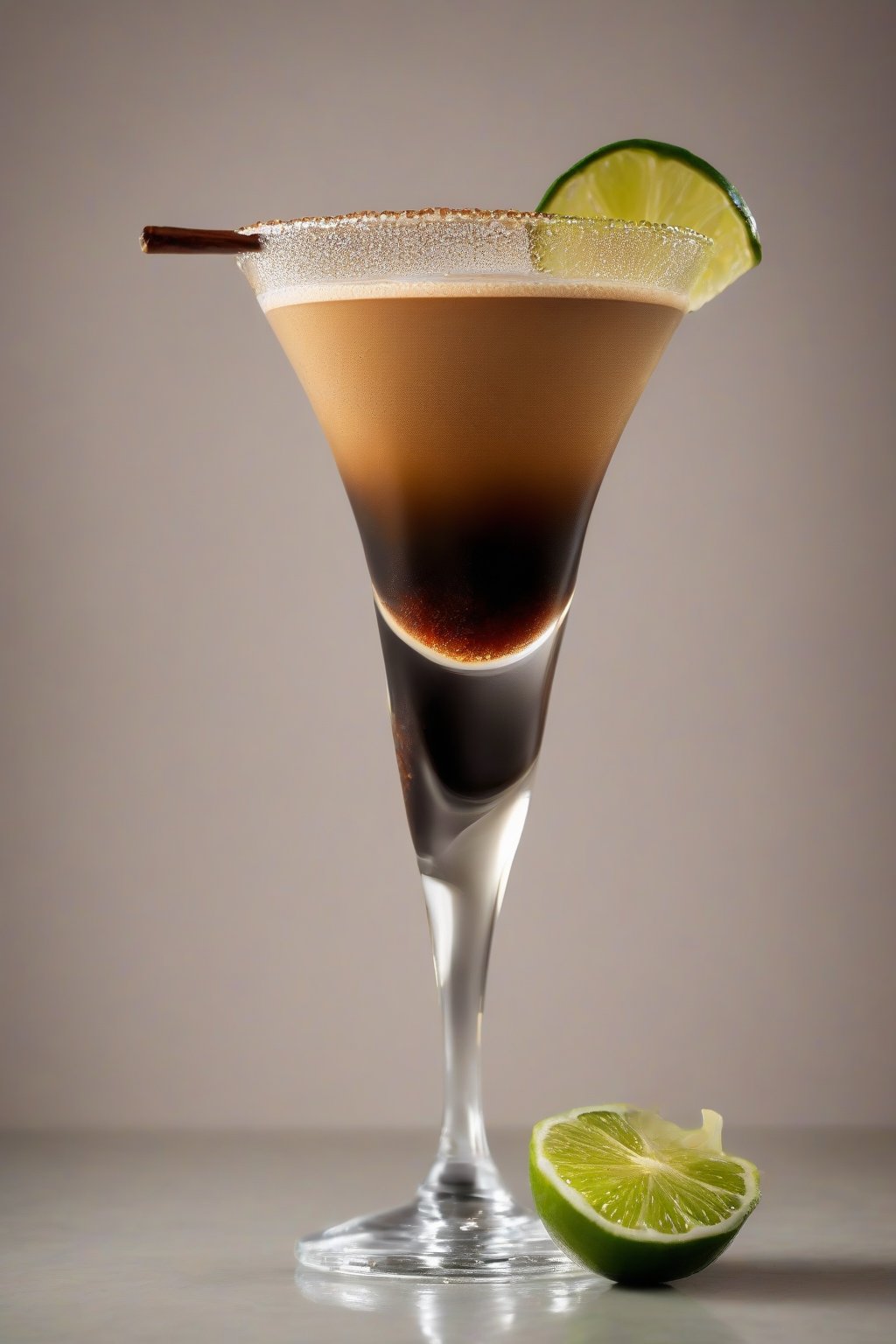 A high-resolution photo of a chili-spiced espresso martini garnished with a lime twist, condensation on the glass, under soft lighting.