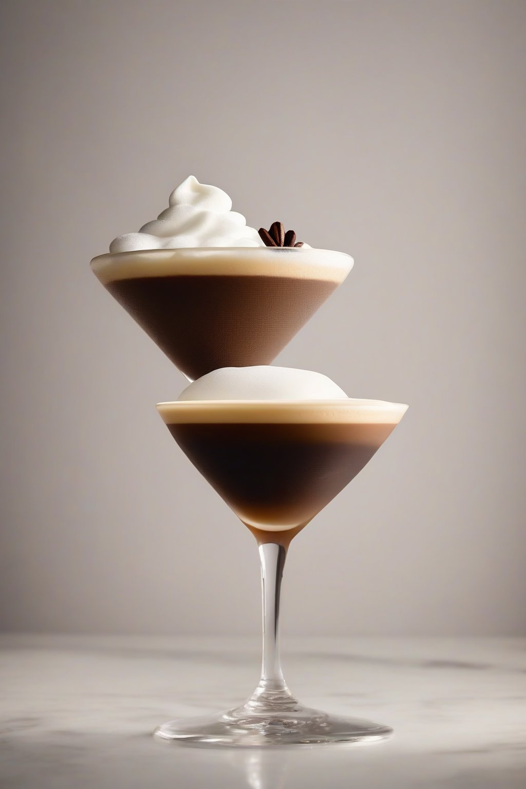 A high-resolution photo of a vanilla bean espresso martini with a pod garnish, creamy foam layer, under soft lighting.