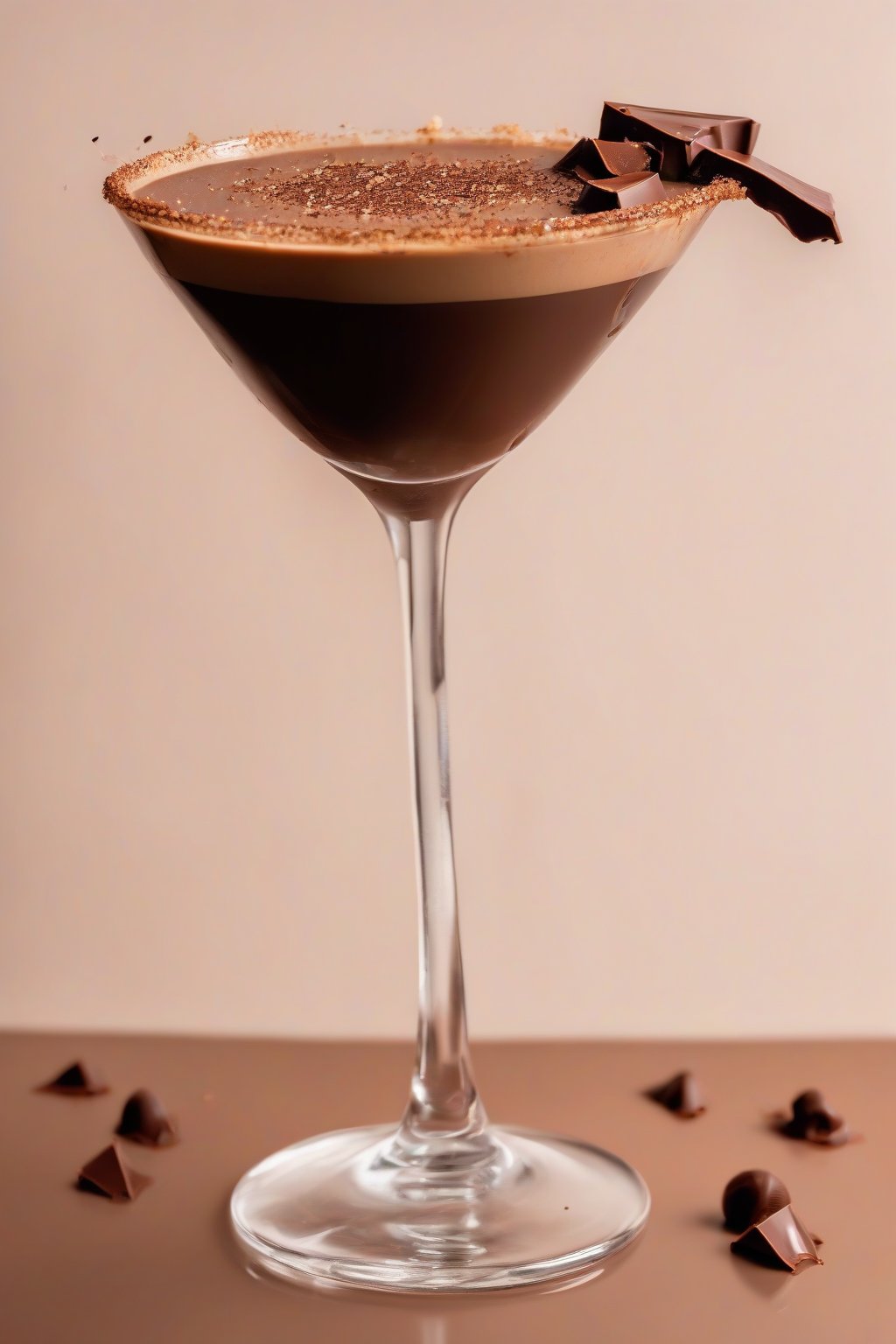 A high-resolution photo of a chocolate hazelnut espresso martini topped with shavings, glossy surface, under soft lighting.