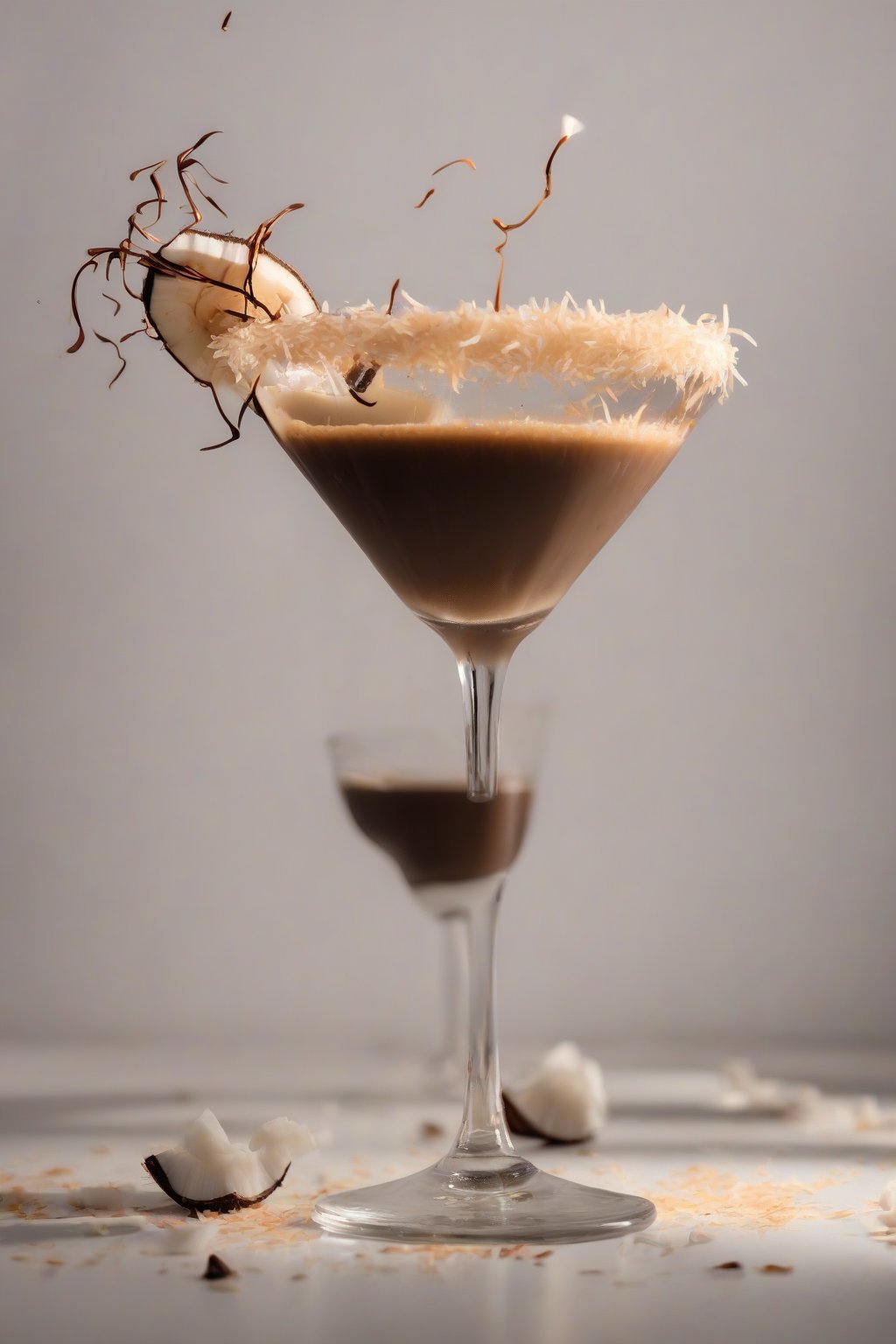 A high-resolution photo of a coconut espresso martini sprinkled with toasted coconut, under soft lighting.