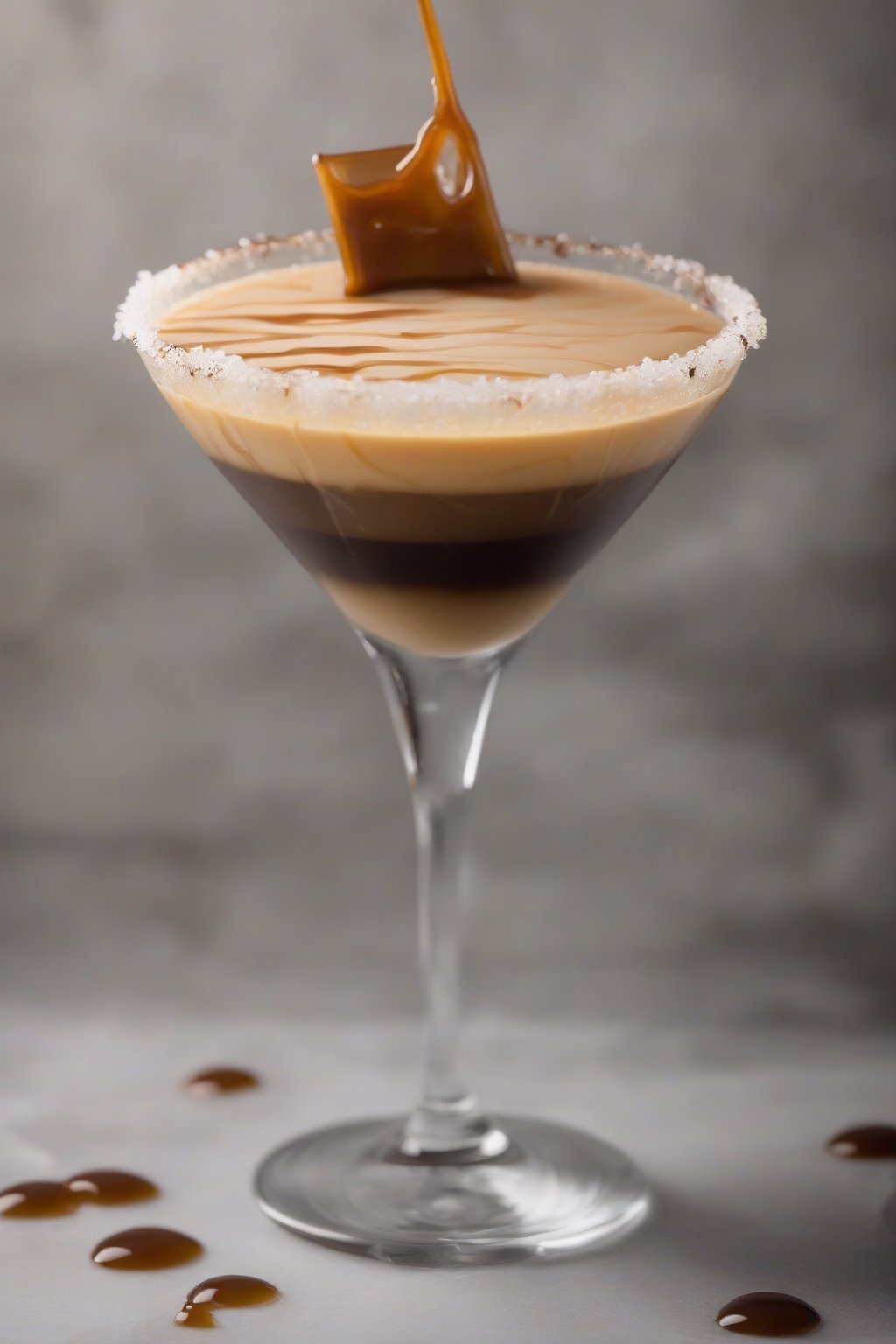 A high-resolution photo of a salted caramel espresso martini with a sea salt rim, caramel drizzle, under soft lighting.