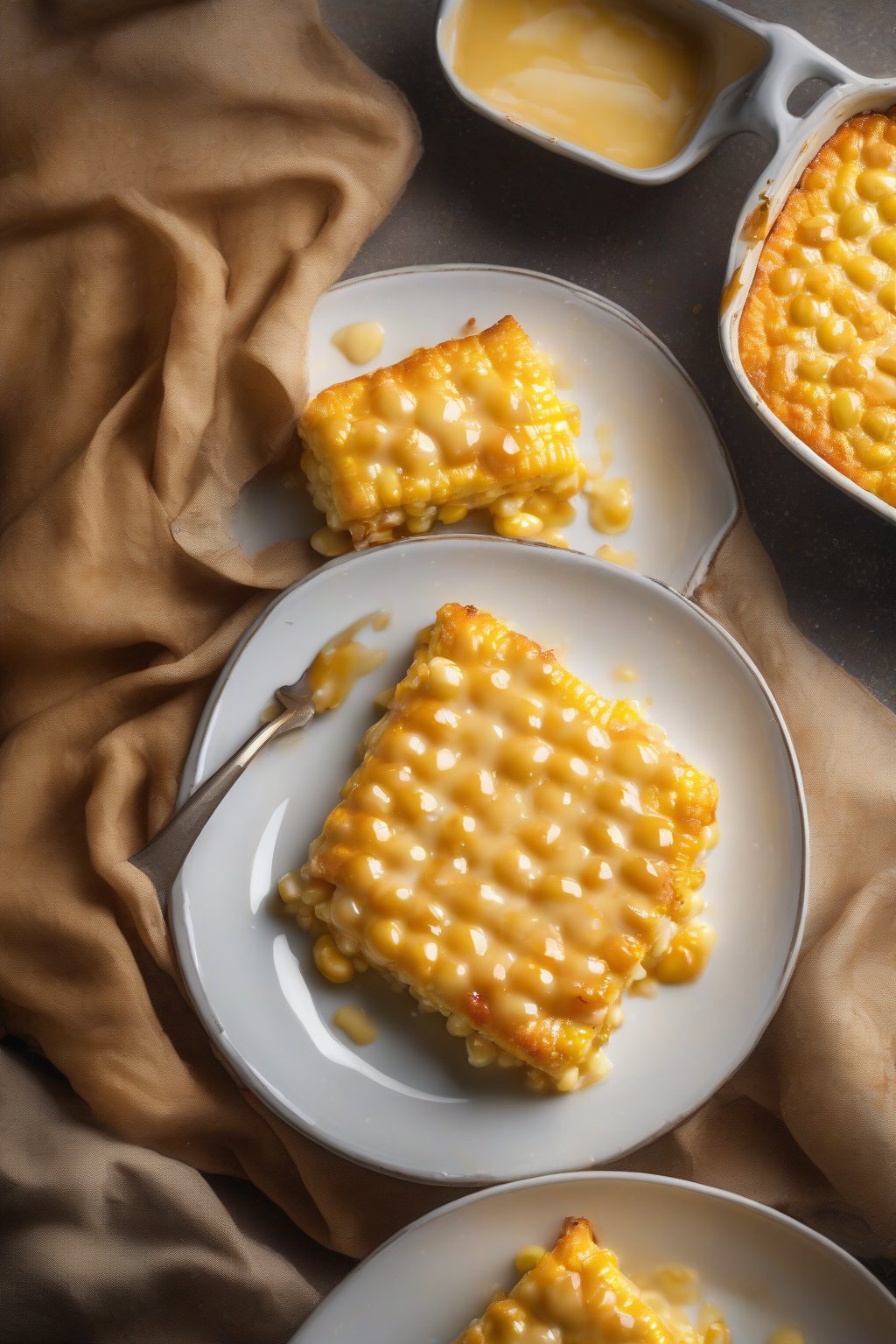 A high-resolution photo of sweet maple cheesy Jiffy corn casserole, glossy with syrup drizzle and bubbly gouda, under soft lighting.