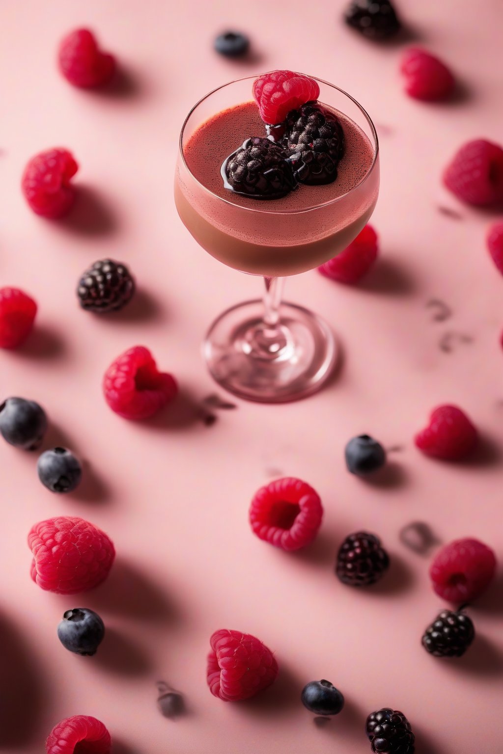 A high-resolution photo of a raspberry espresso martini muddled with fresh berries, pink hue, under soft lighting.