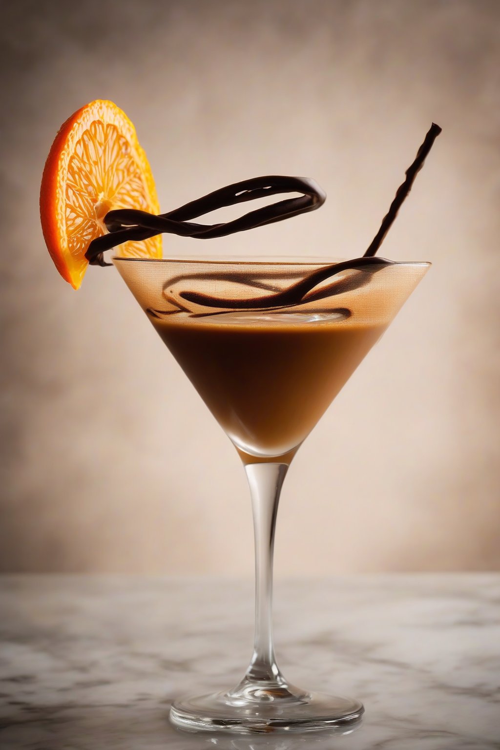 A high-resolution photo of an orange zest espresso martini with twisted peel garnish, under soft lighting.